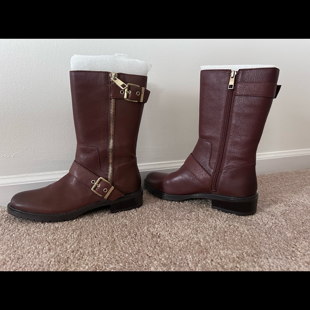 BCBG cognac zip up boots